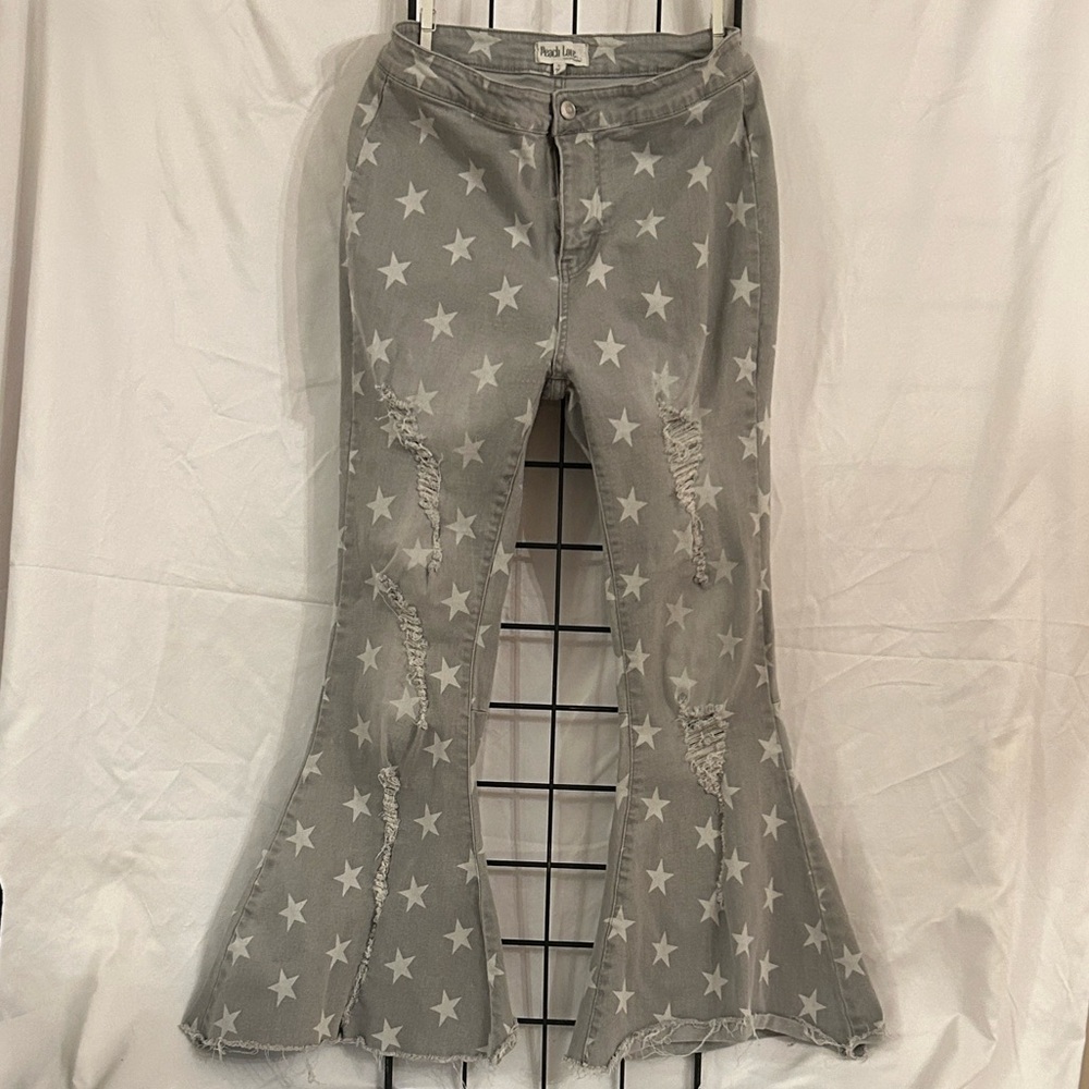 Peach Love California Americana Star Gray Bell Flare raw hem jeans women’s L
